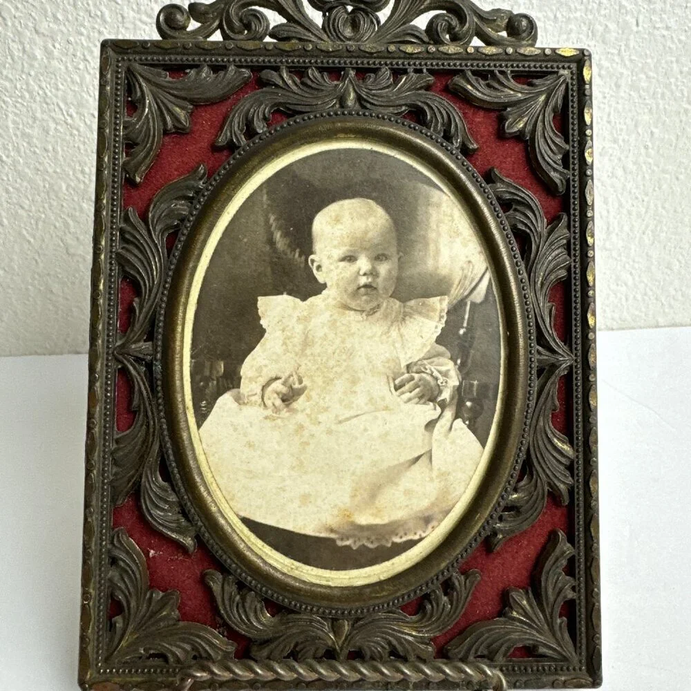 Antique Art Nouveau Heavy Metal Brass Picture Frame Ornate w/ Baby Photo 1850's